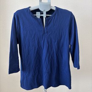 LL Bean‎ Womens Top 3/4 Sleeve split V Neck Cotton Sz XL Casual Supima Pima Blue
